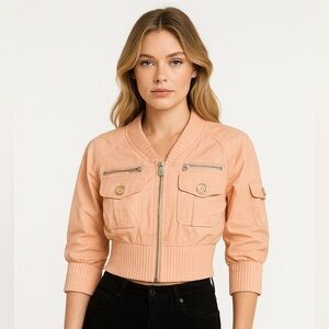 BLANC NOIR Cropped Cargo Bomber Jacket Zip Up 3/4 Sleeves Sanibel Peach Size S